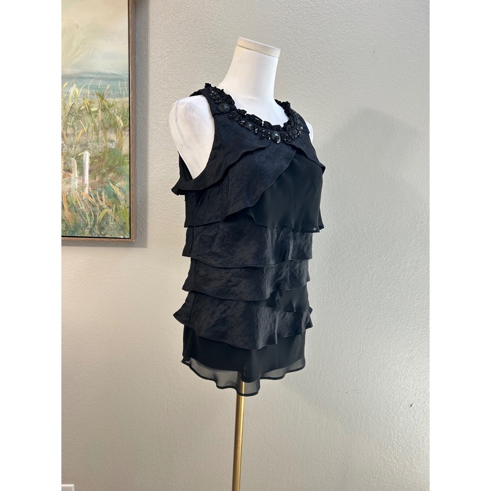 Vintage Carol Lin Black Tiered Beaded Sleeveless Evening Blouse Top Size 12